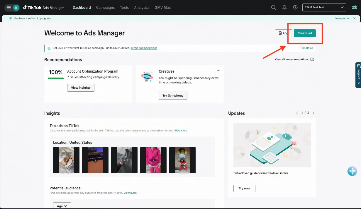 TikTok Ads Manager dashboard Welcome screen