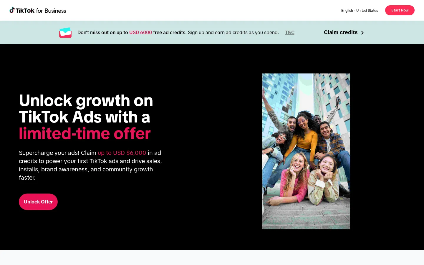 TikTok for Business partner page: Unlock growth — claim up to USD $6,000 in ad credits