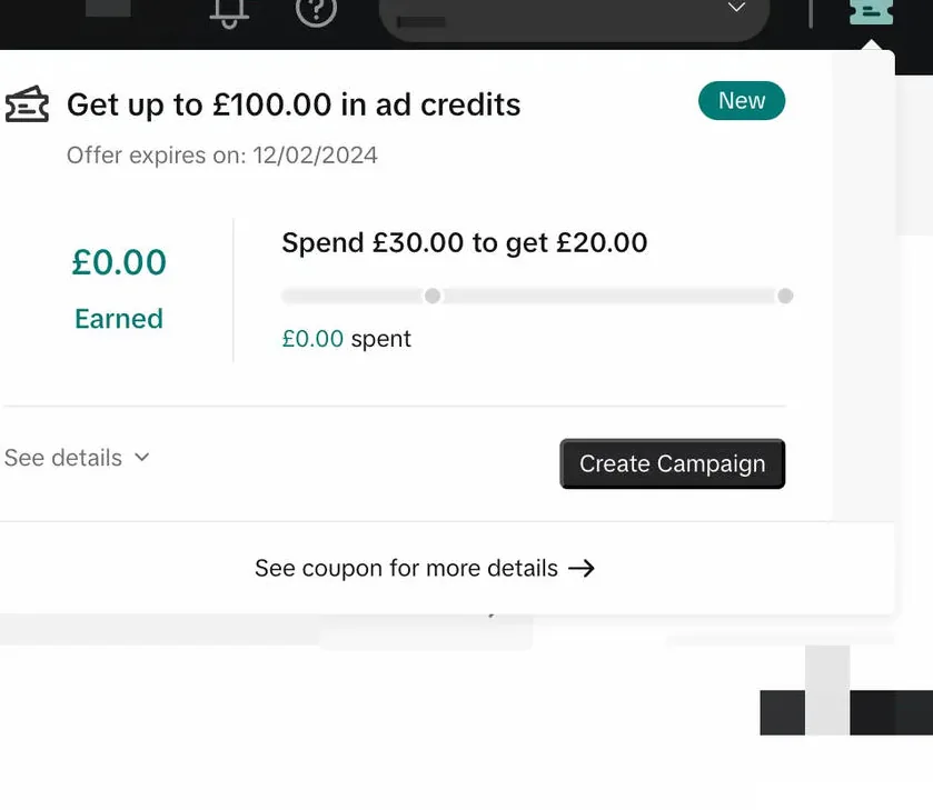 TikTok Ads Manager Promotions coupon card